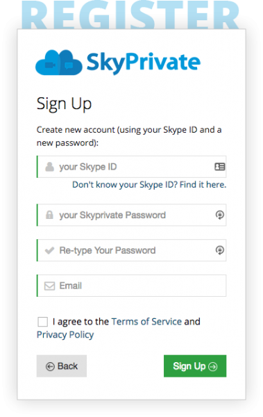 SkyPrivate Registration form